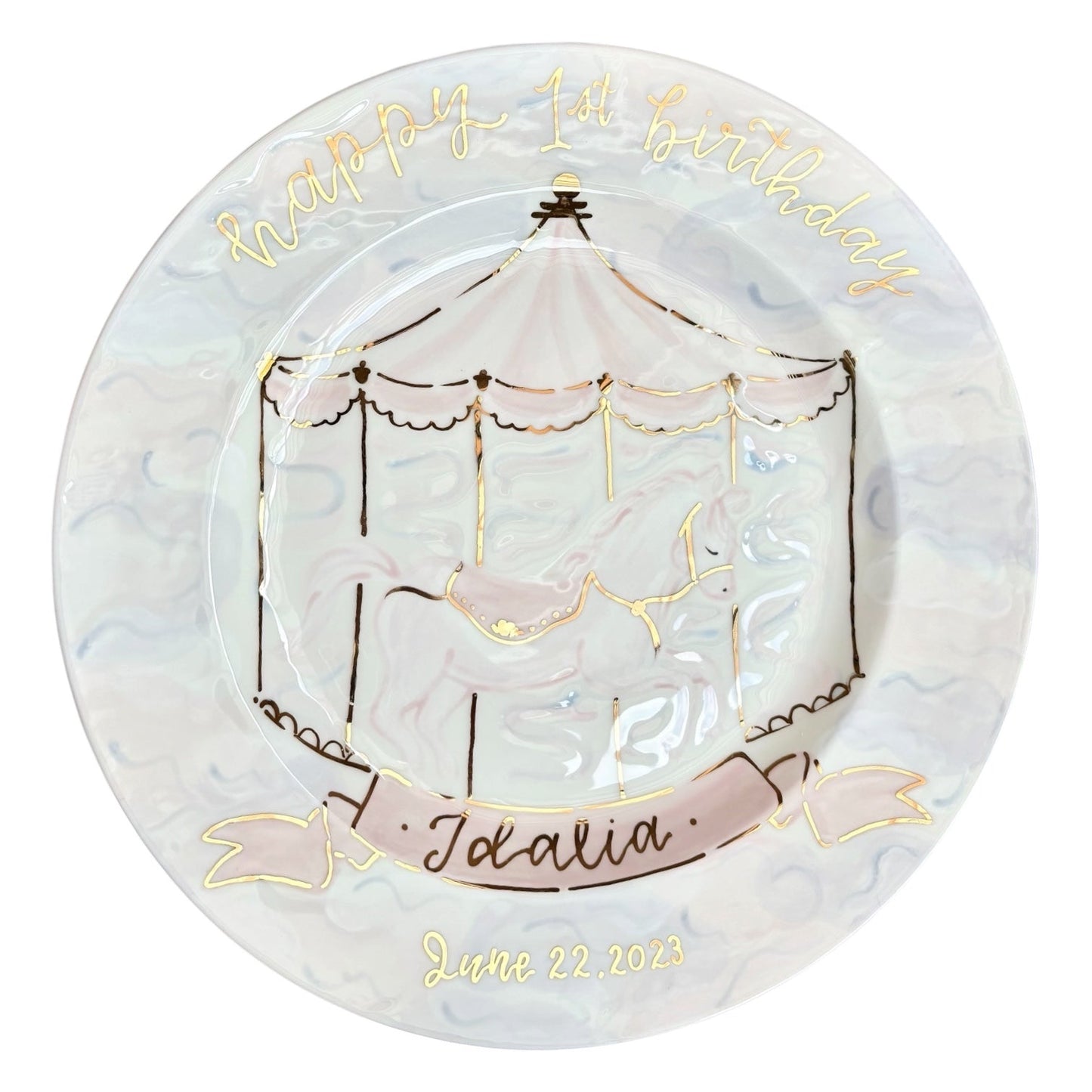 Weeks Studio ceramic birthday plate with a gold carousel horse design, iridescent finish, and personalized text.
