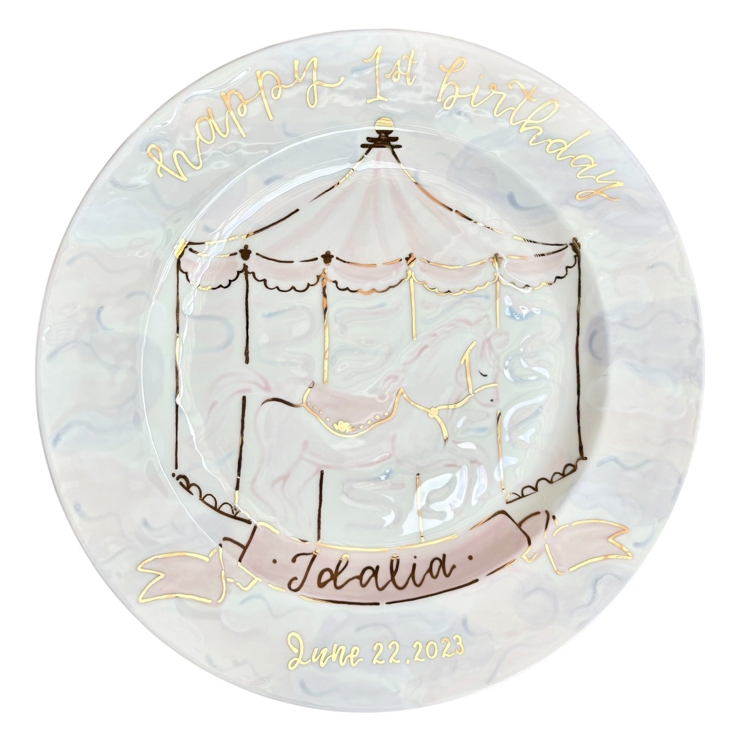 Weeks Studio ceramic birthday plate with a gold carousel horse design, iridescent finish, and personalized text.